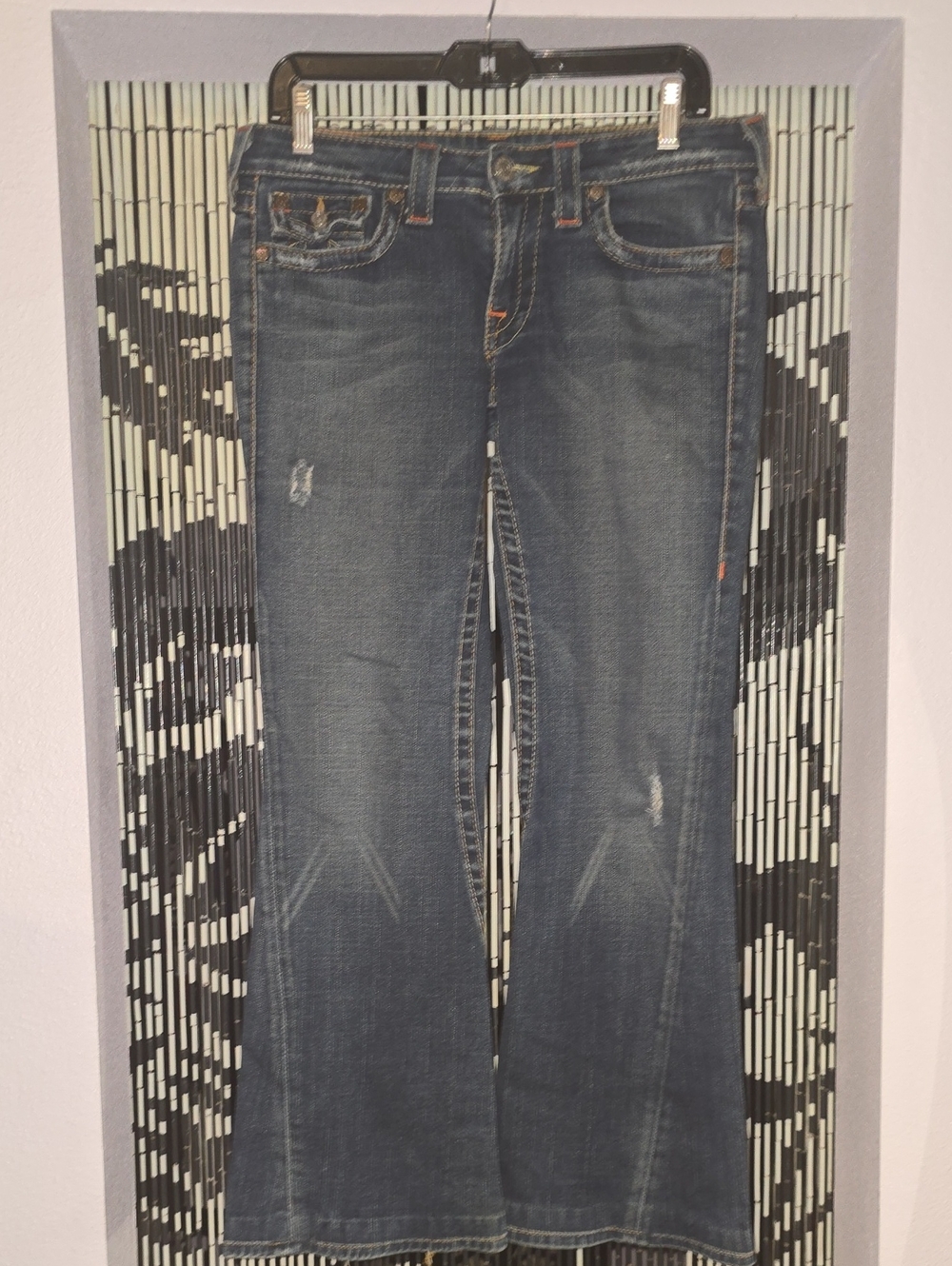 True Religion Dark Wash Flare Jeans with Subtle Distressing Size 30